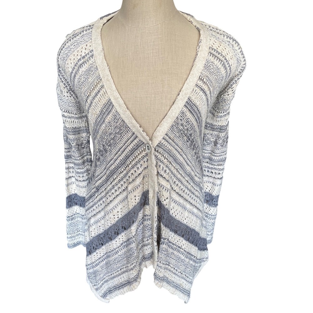Free People Cream Gray Striped Open Knit Cardigan Sweater Women's‎